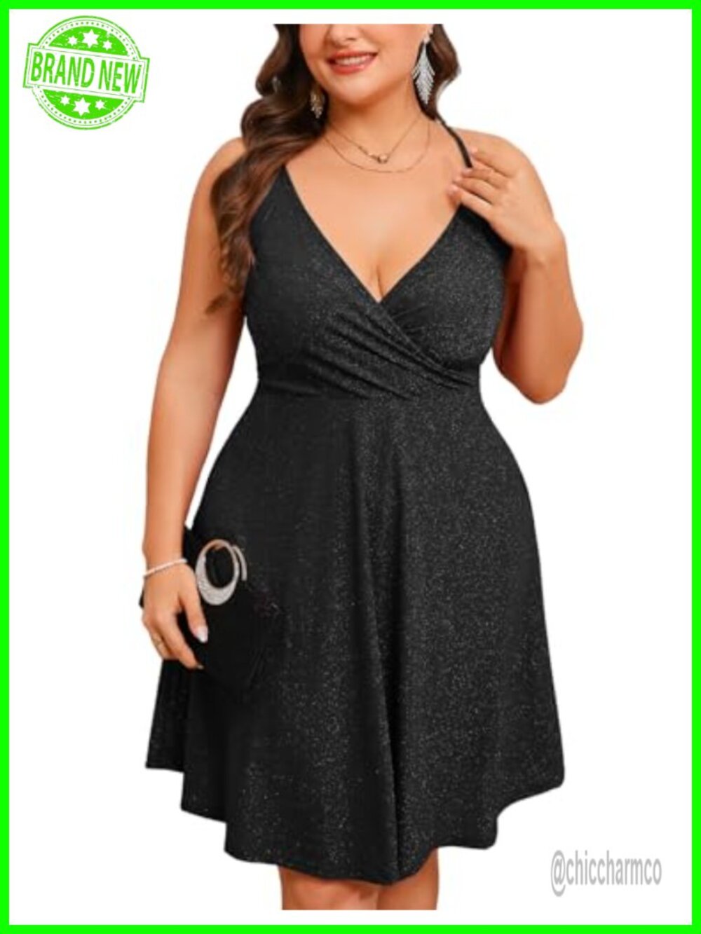 Plus Size Glitter Wrap V-Neck Backless A-Line Mini Dress